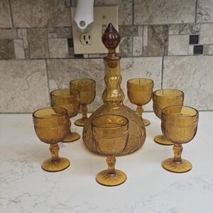 Amber Indiana Glass & 8Goblets